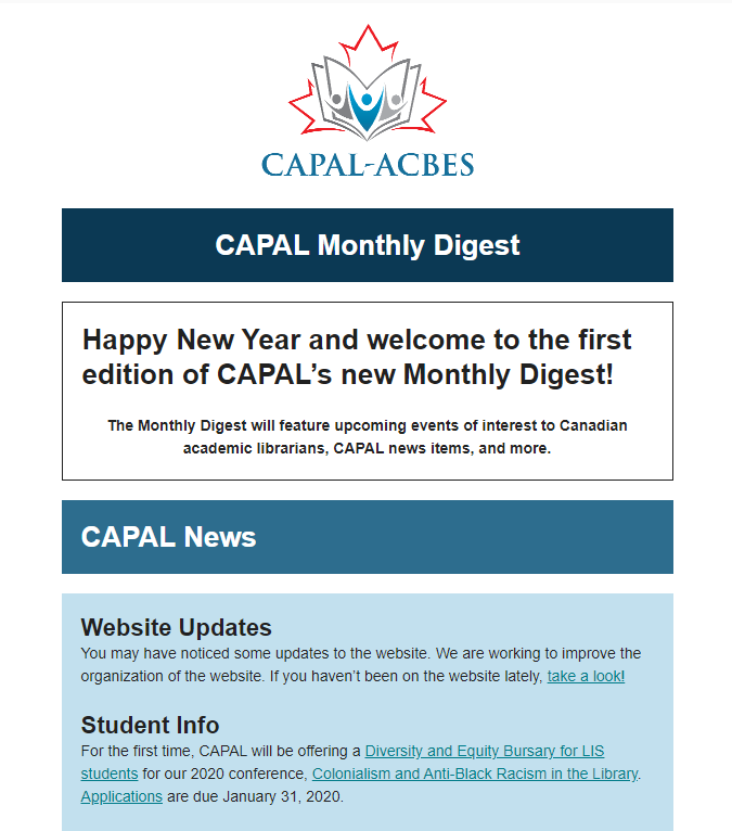 Screenshot of beginning of CAPAL Monthly Digest. Click link for accessible version